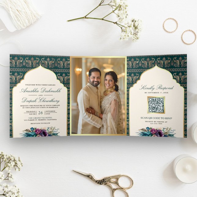 Ivory Teal Peacock Pattern Floral Indian Wedding Tri-Fold Invitation (Creator Uploaded)