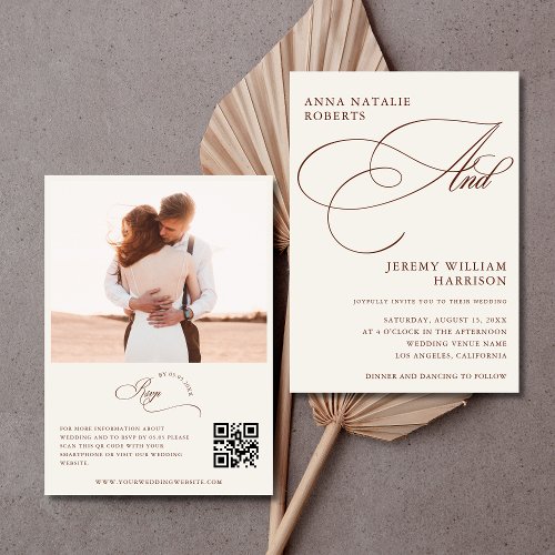 Ivory Terracotta Fall Photo Script QR Code Wedding Invitation