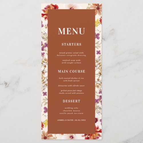 Ivory Terracotta Wildflower Floral Bloom Wedding   Menu