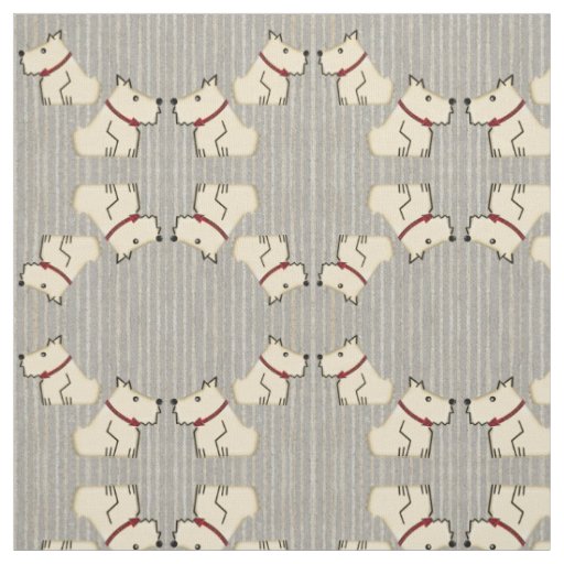 Ivory Terriers on Old-Time Gray Baseball Stripes Fabric