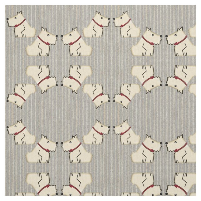 Ivory Terriers on Old-Time Gray Baseball Stripes Fabric (Swatch)