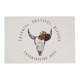 Ivory Thanksgiving Gratitude Cow Skull and Roses Placemat