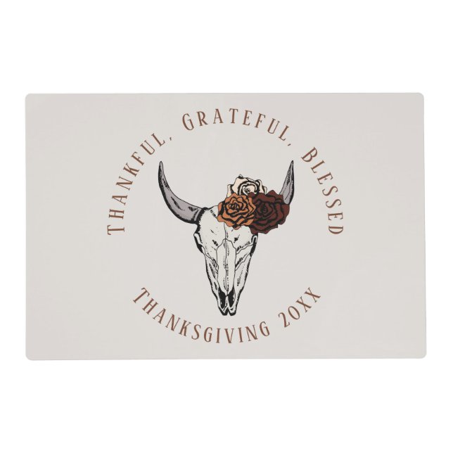 Ivory Thanksgiving Gratitude Cow Skull and Roses Placemat (Front)
