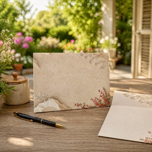 Ivory Torn Paper Floral Vintage Botanical Texture Envelope