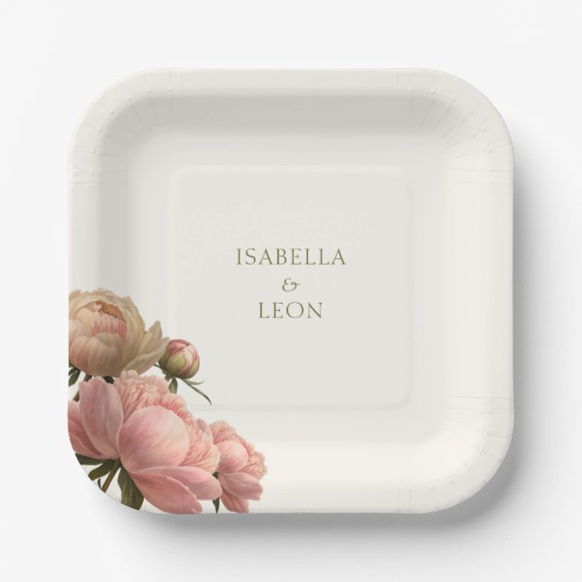 Ivory | Trendy Vintage Rose Wedding  Paper Plates (Front)