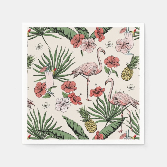 Ivory Tropical Flamingo Floral Pattern Napkins (Front)