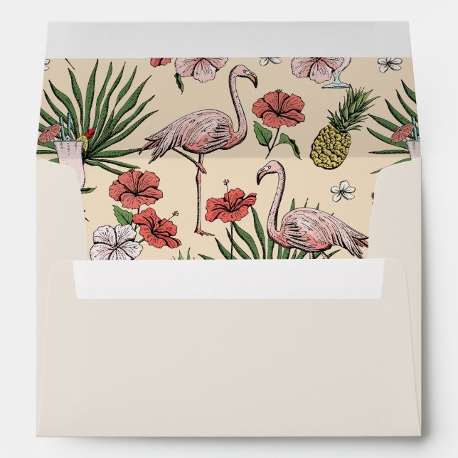 Ivory Tropical Flamingo, Hibiscus & Leaves Beach Envelope (Back (Bottom))