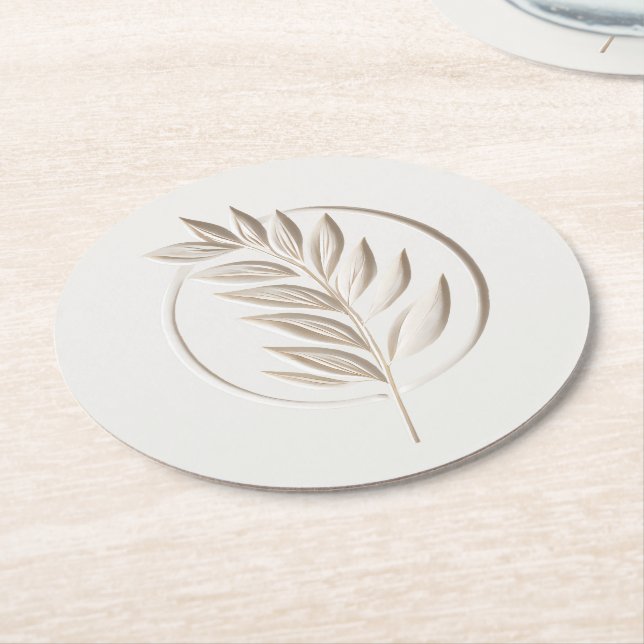 Ivory twig emblem round paper coaster (Angled)