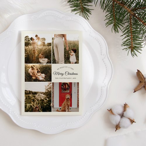 Ivory Very Merry Christmas Five Photo Collage Holiday Card