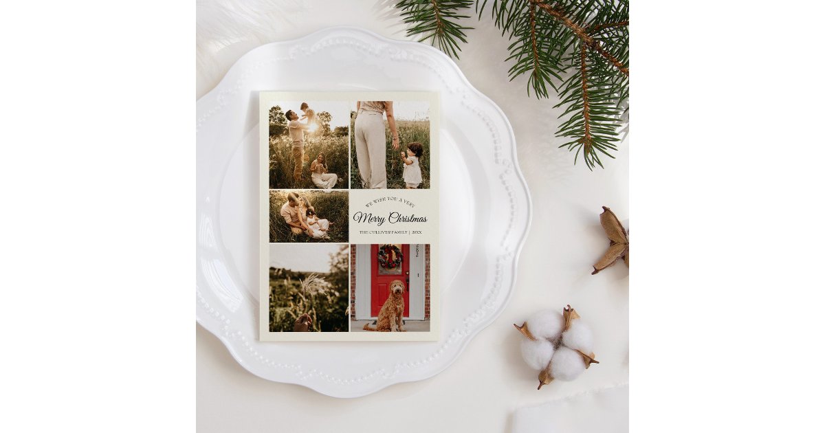 Ivory Very Merry Christmas Five Photo Collage Holiday Card | Zazzle