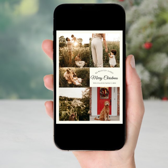 Ivory Very Merry Christmas Five Photo Collage Holiday Card (Front Digital)