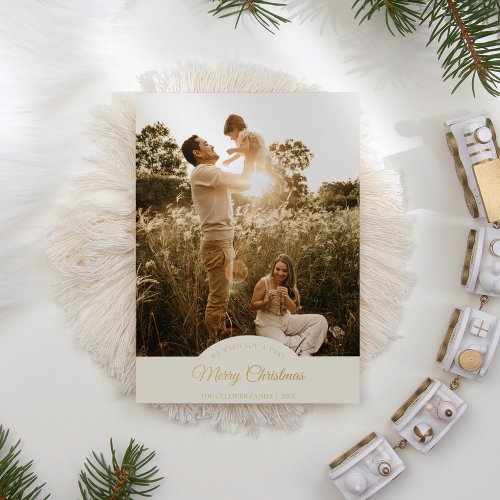 Ivory Very Merry Christmas Four Photo Vertical Foil Holiday Card
