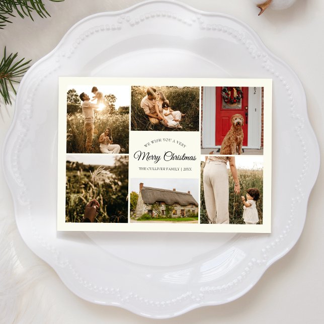 Ivory Very Merry Christmas Six Photo Collage Holiday Card (Creator Uploaded)