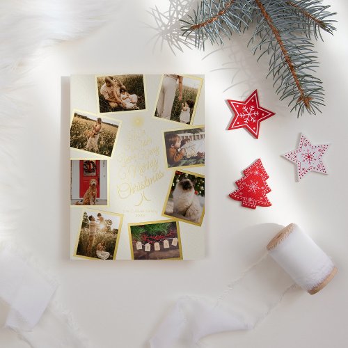 Ivory Very Merry Christmas Tree Photo Collage Foil Holiday Card
