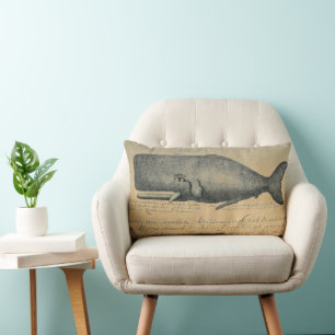 Ivory Vintage Beach Whale Lumbar Throw Pillow