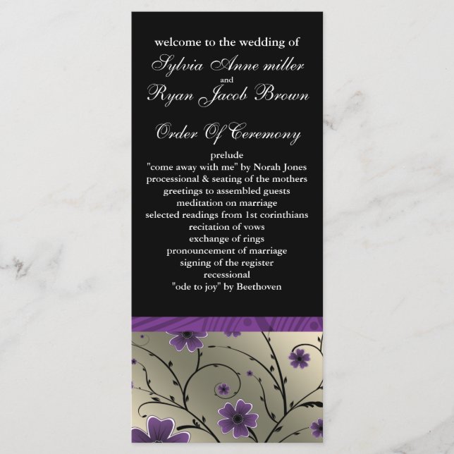 ivory violet  and black floral Wedding program (Front)