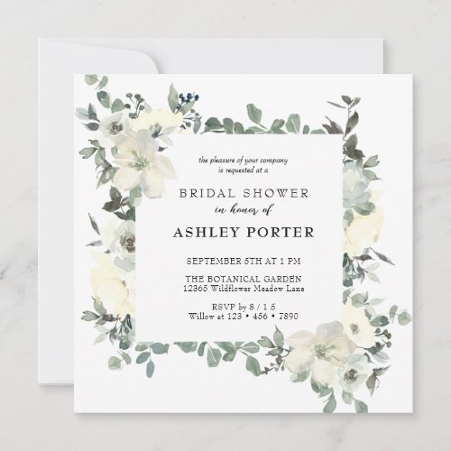 Ivory Watercolor  Floral Eucalyptus Bridal Shower Invitation