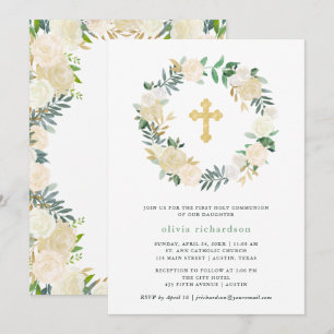 Ivory Watercolor Floral Gold Cross First Communion Invitation