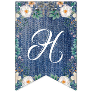 Ivory Watercolor Floral Vintage Jean Jacket Chic Bunting Flags