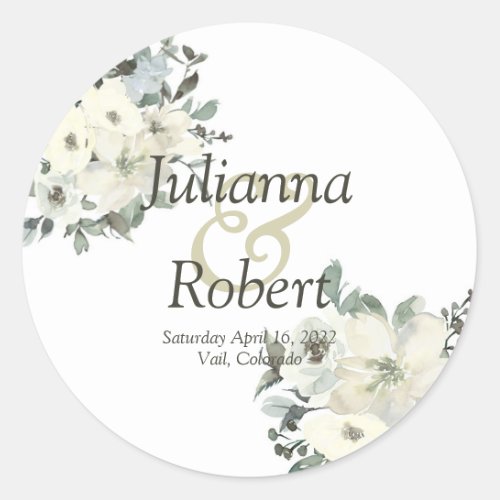 Ivory watercolor floral  wedding classic round sti classic round sticker