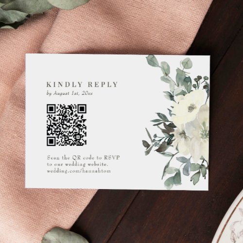 Ivory Watercolor Floral Wedding QR Code RSVP Card
