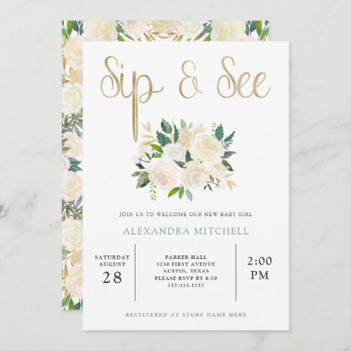 Ivory Watercolor Floral with Gold  Sip and See Invitation