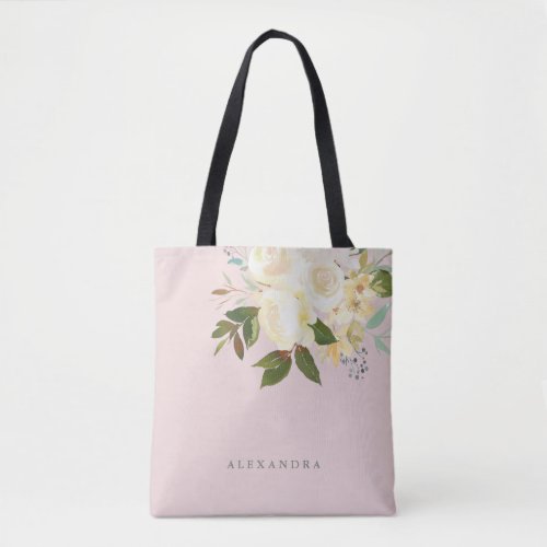 Ivory Watercolor Florals on Blush Tote Bag