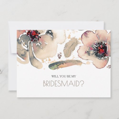 Ivory Watercolor Flowers-Will You Be My Bridesmaid Invitation - Ivory, grey and blush floral feathers bohemian watercolor wedding - flower girl, bridesmaid and maid of honor invitations.