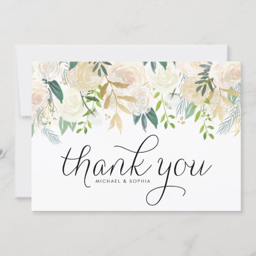 Ivory Watercolor Peonies and Gold Glitter Wedding Thank You Card