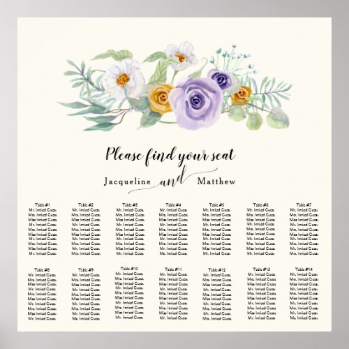 Ivory Watercolor Purple Gold White Seating Chart