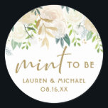 Ivory Watercolor Rose Gold Foil Mint To Be Wedding Classic Round Sticker<br><div class="desc">It's mint to be! Add these modern botanical personalized wedding stickers. It features watercolor white and ivory roses and peonies, faux gold foil accents and elegant calligraphy. Personalize these mint to be wedding stickers by adding names and the wedding date. These custom floral wedding stickers will also be perfect for...</div>