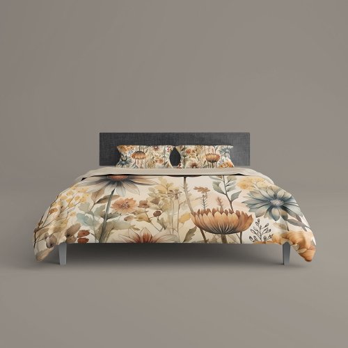 Ivory Watercolor Wildflower Botanical Duvet Cover