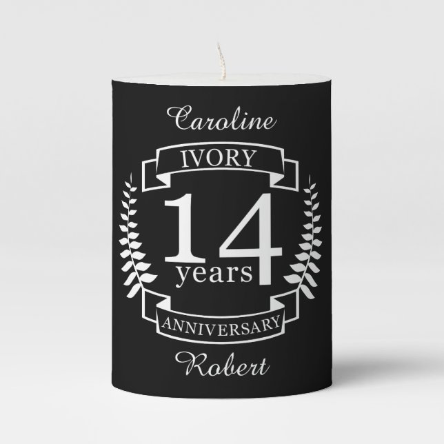 Ivory wedding anniversary 14 years pillar candle (Front)