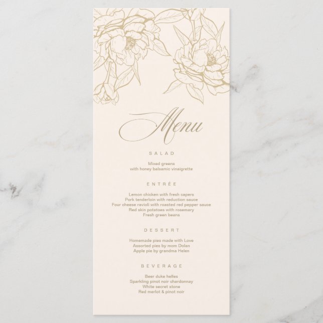 Ivory Wedding Menu card, with gold floral Peony (Front)