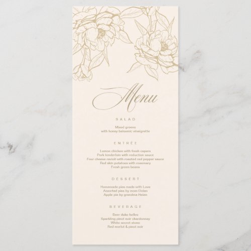 Ivory Wedding Menu card with gold floral Peony