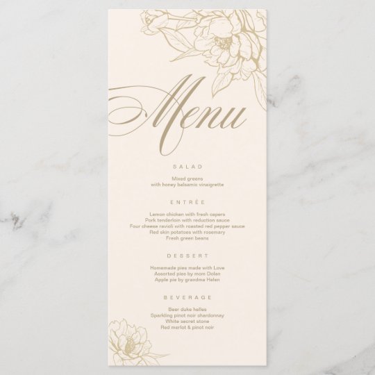 Ivory Wedding Menu card, with gold floral Peony | Zazzle.com