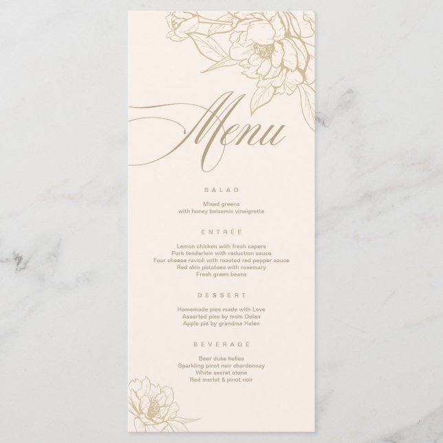 Ivory Wedding Menu card, with gold floral Peony (Front)