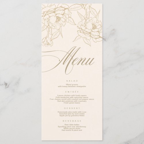 Ivory Wedding Menu card with gold floral Peony