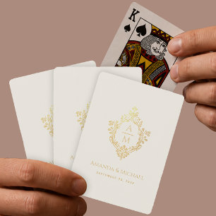 Ivory Wedding Monogram in Vintage Faux Gold Crest  Poker Cards