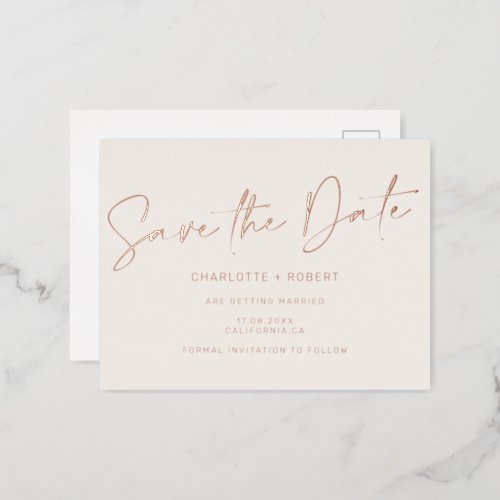 Ivory wedding save the date script rose gold foil invitation postcard