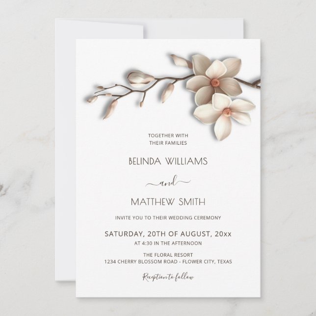Ivory White 3D Magnolia Flower Minimalist Wedding Invitation (Front)