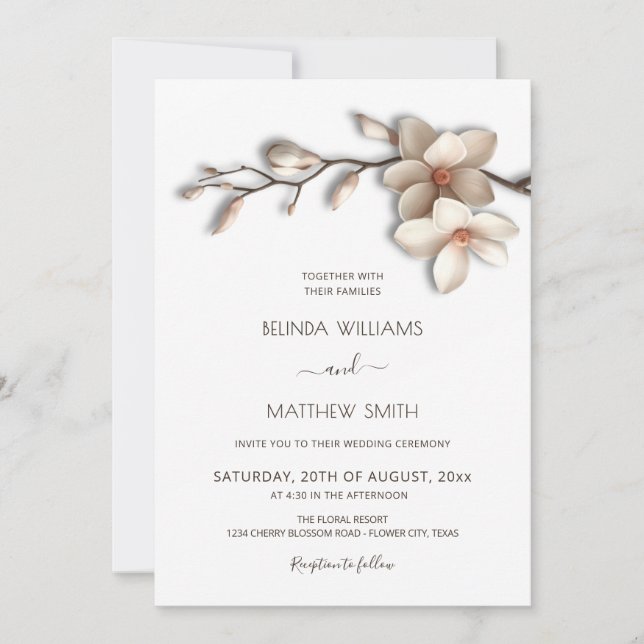 Ivory White 3D Magnolia Flower Wedding Invitation (Front)