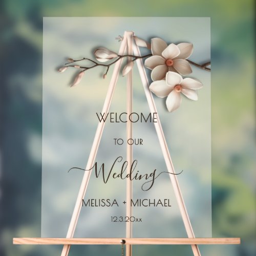 Ivory White 3D Magnolia Flowers Wedding Welcome Acrylic Sign