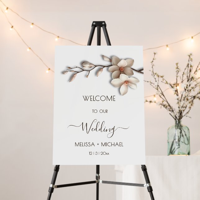Ivory White 3D  Magnolia Flowers Wedding Welcome Foam Board (In Situ (Stand))