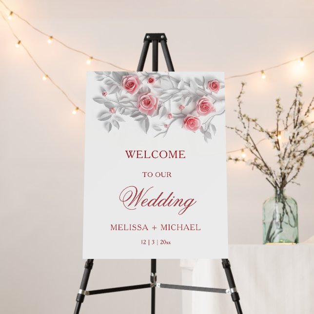 Ivory White 3D  Magnolia Flowers Wedding Welcome Foam Board (In Situ (Stand))