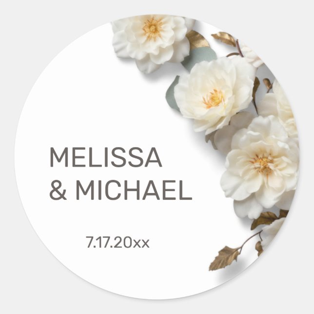 Ivory White 3D Roses Wedding Classic Round Sticker (Front)