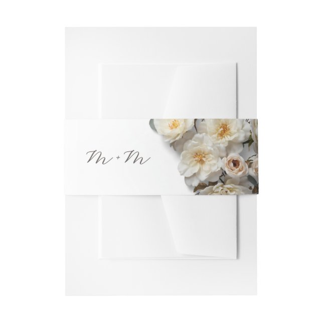 Ivory White 3D Roses Wedding Invitation Belly Band (Front Example)