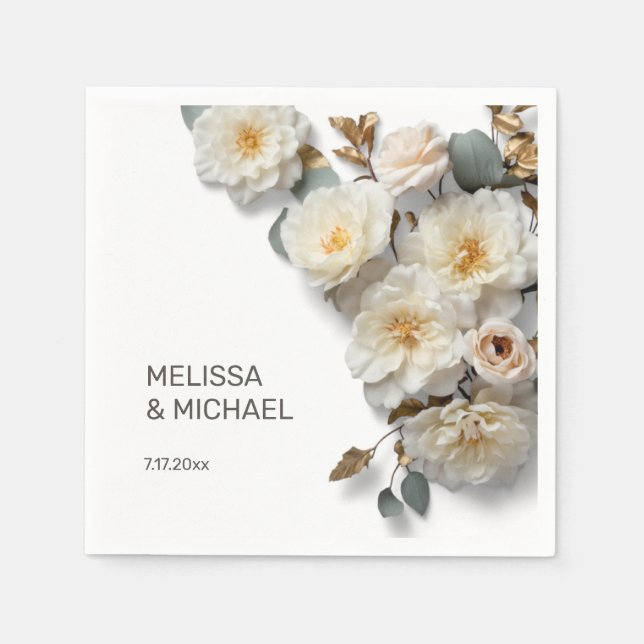 Ivory White 3D Roses Wedding Napkins (Front)