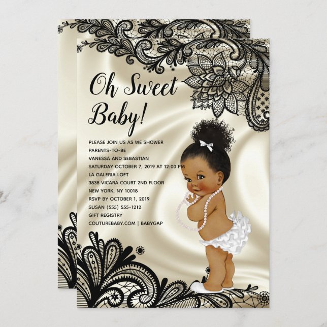 Ivory White and Black-Lace Baby Girl Shower Invitation (Front/Back)