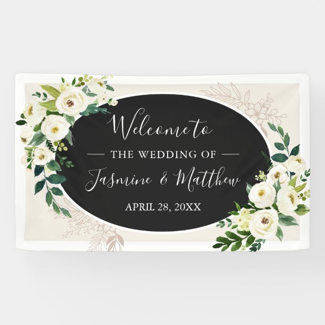 Ivory White and Green Flowers Wedding Party Banner (Horizontal)